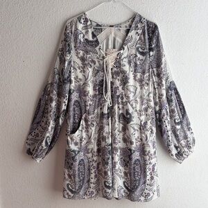 NWT Free People RAIN OR SHINE Mini Dress Tunic Sz M Color Ivory/Purple Vintage